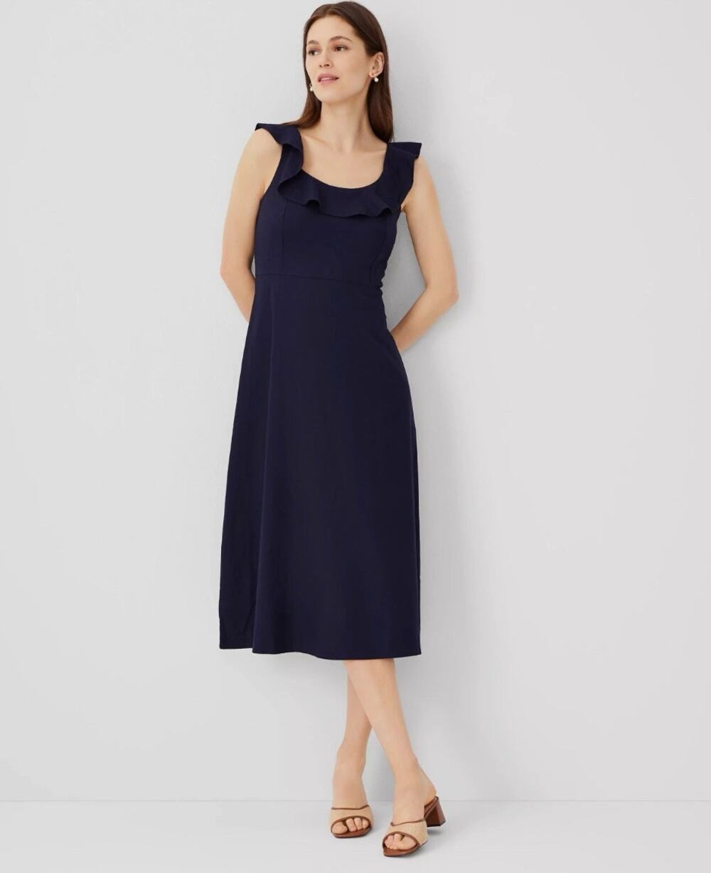 Ann Taylor Scoop Neck Midi Dress Navy Blue Linen Blend 14 Smocked Ruffles